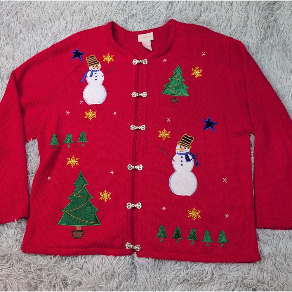 Vintage Crystal Kobe Sweater Womens XL Red Cardigan Clasp Christmas Holiday